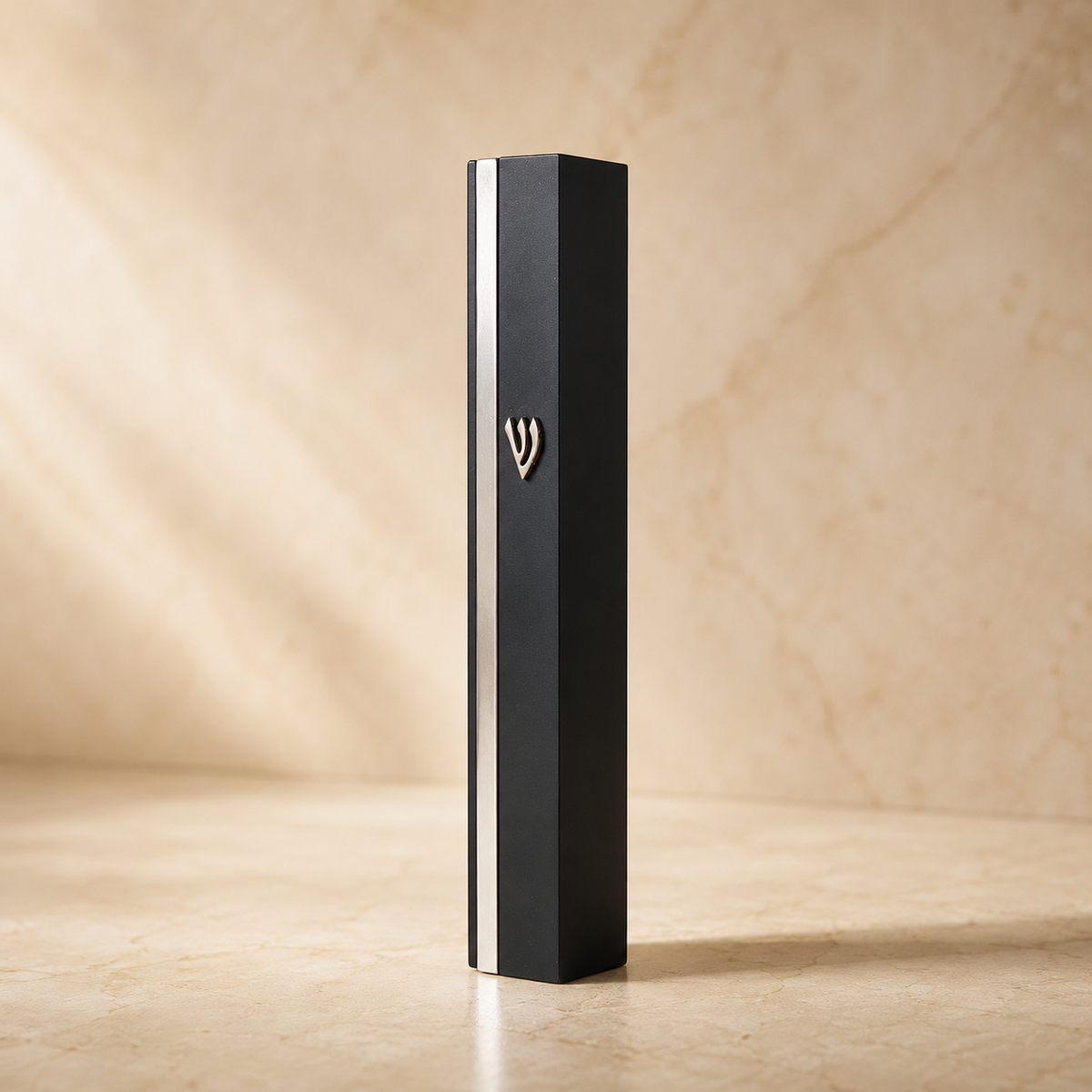 Modern Black Mezuzah Case with Silver Accent & Shin Emblem