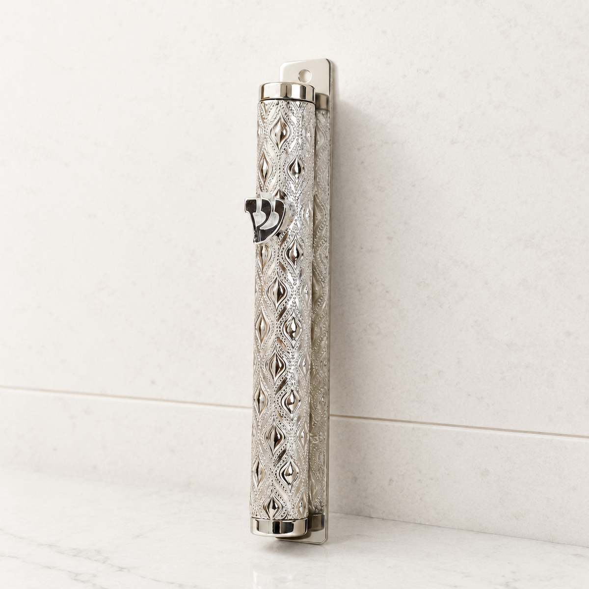 Ornate Silver Mezuzah Case with Shin Emblem