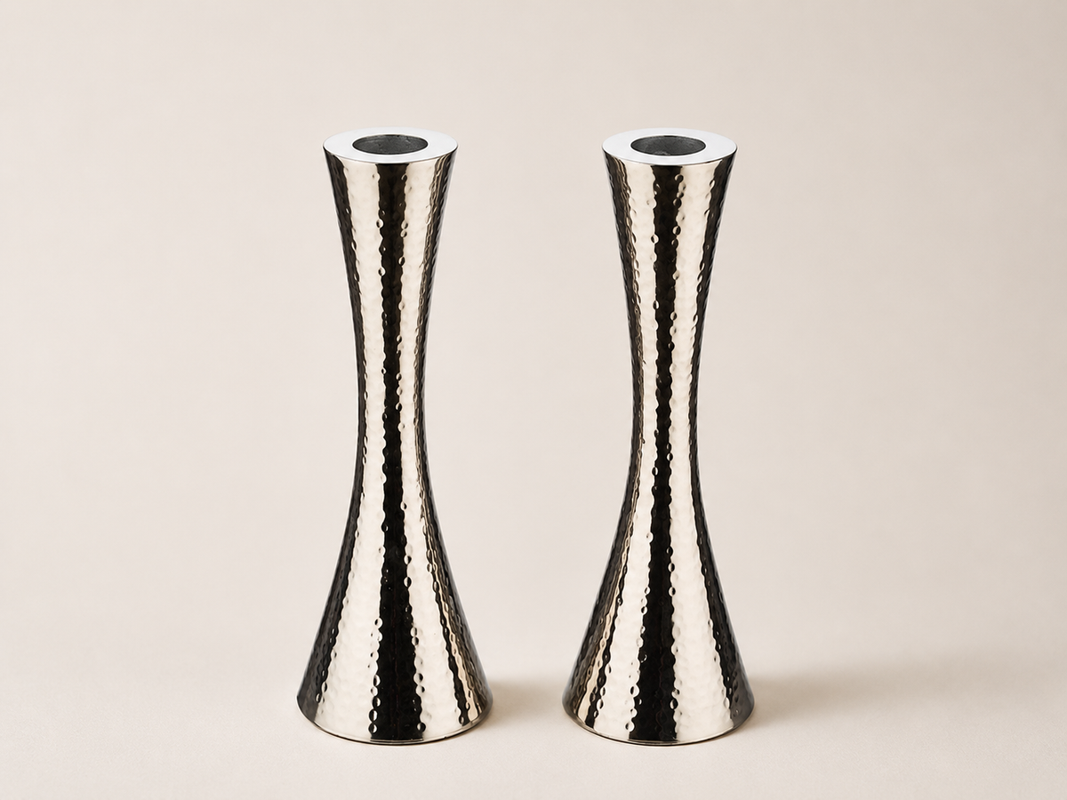 Hammered Silver Shabbat Candlesticks with Gray Accent – 9" Set