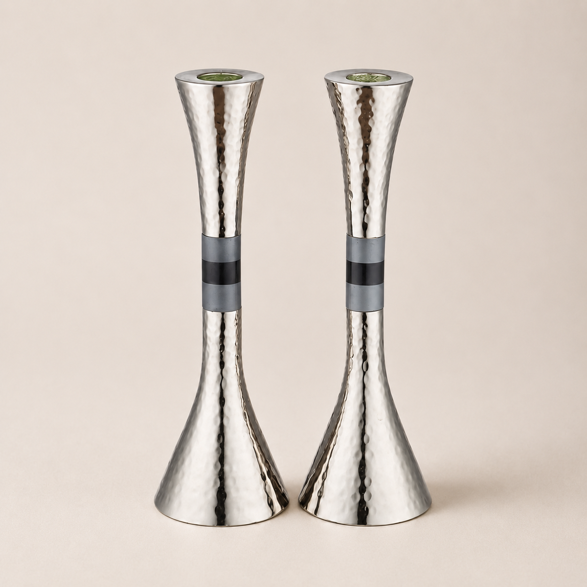 Hammered Silver Shabbat Candlesticks with Gray Accent – 9" Set