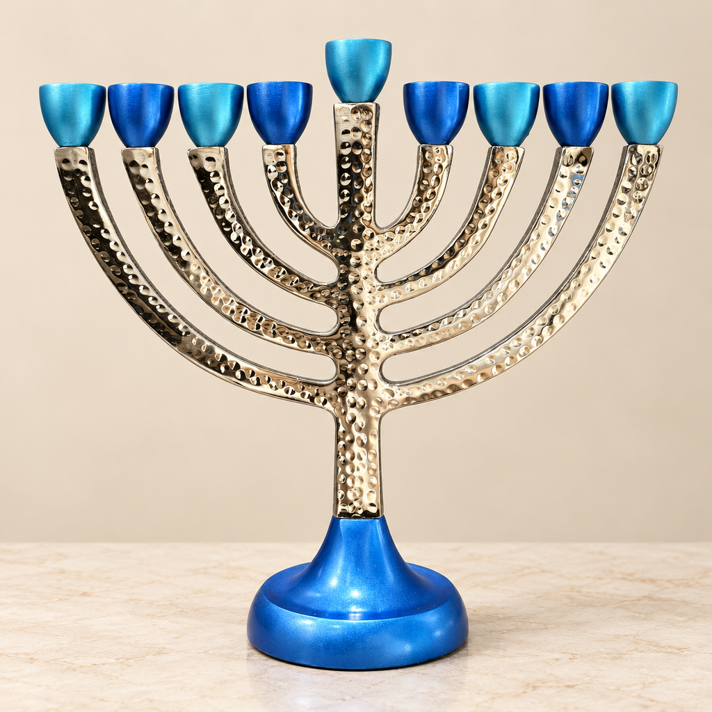 Blue & Turquoise Hammered Hanukkah Menorah