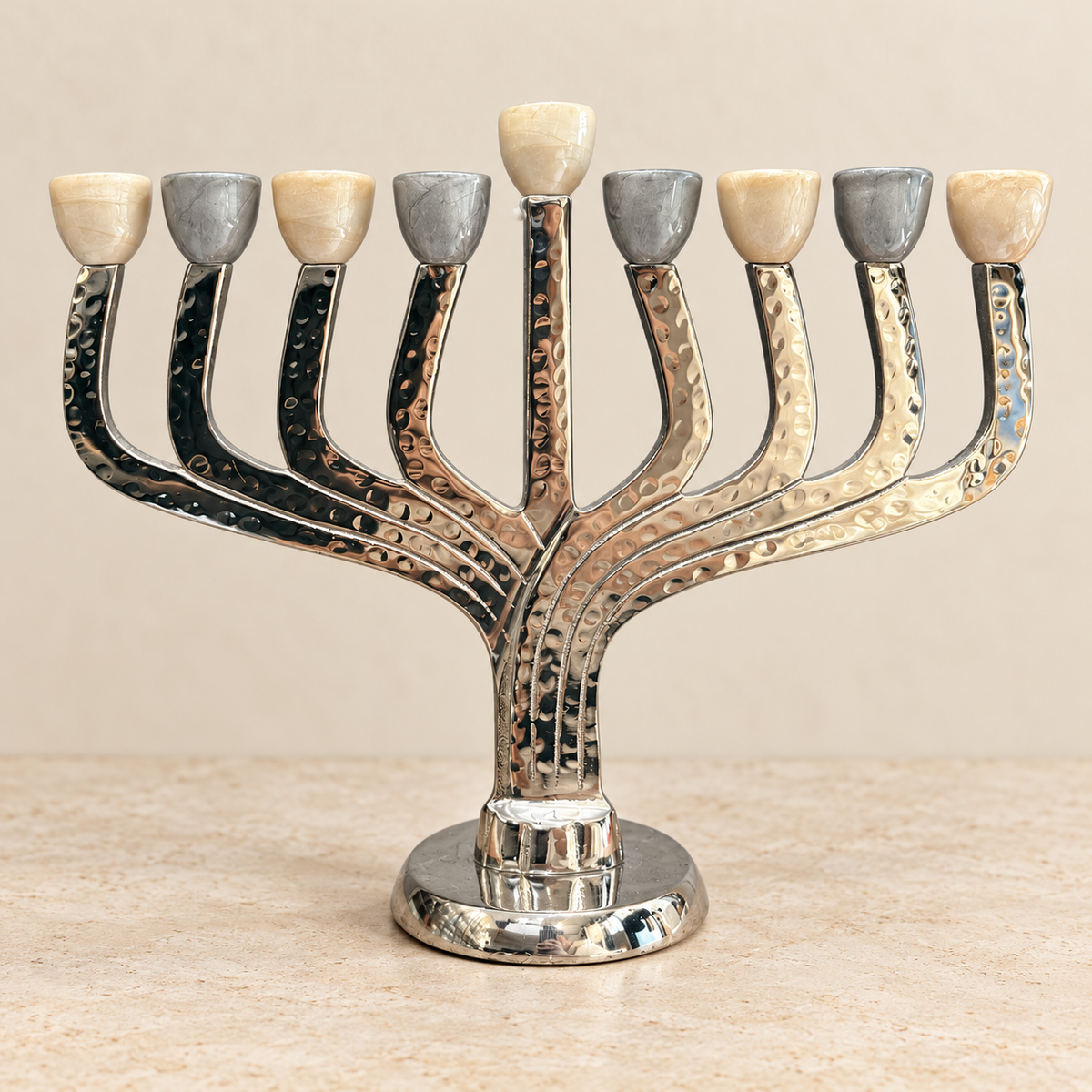 Hammered Aluminum Hanukkah Menorah – Cream & Gray