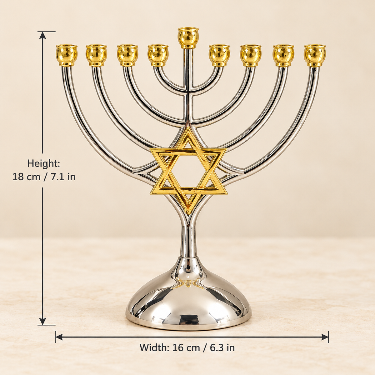 Star of David Hanukkah Menorah — Silver & Gold Tone