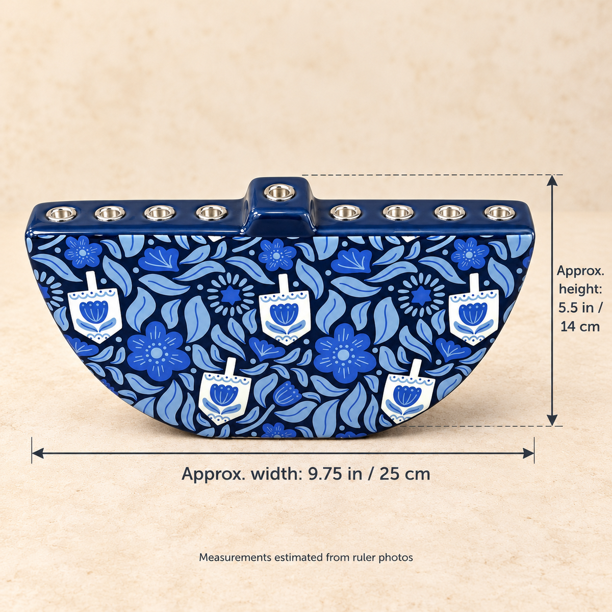 Blue Floral & Dreidel Ceramic Hanukkah Menorah