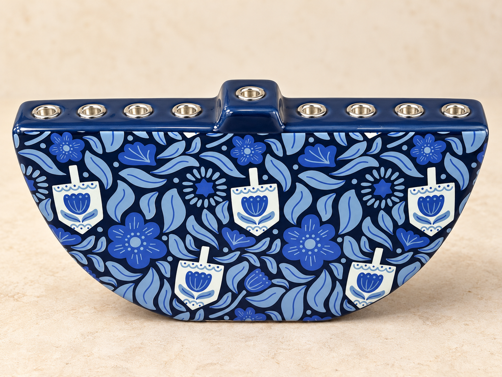 Blue Floral & Dreidel Ceramic Hanukkah Menorah