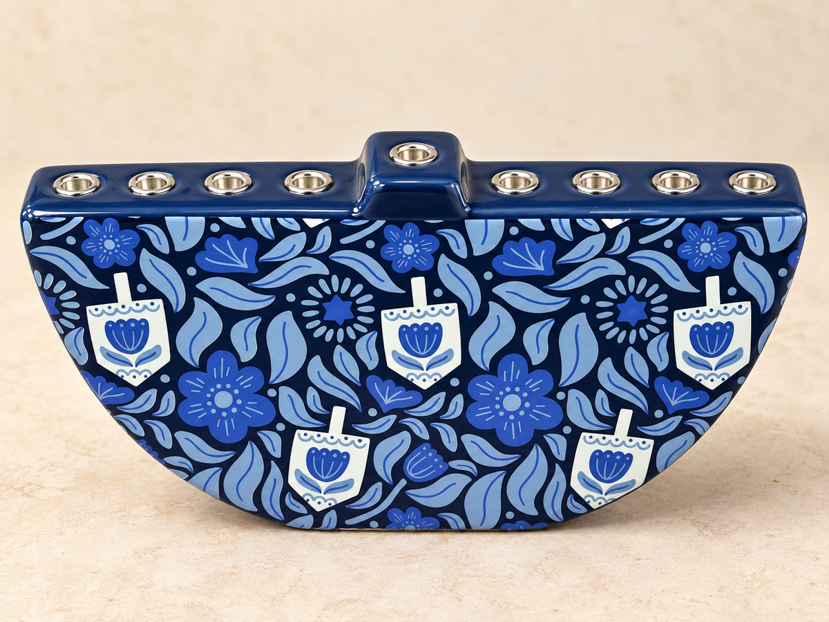 Blue Floral & Dreidel Ceramic Hanukkah Menorah