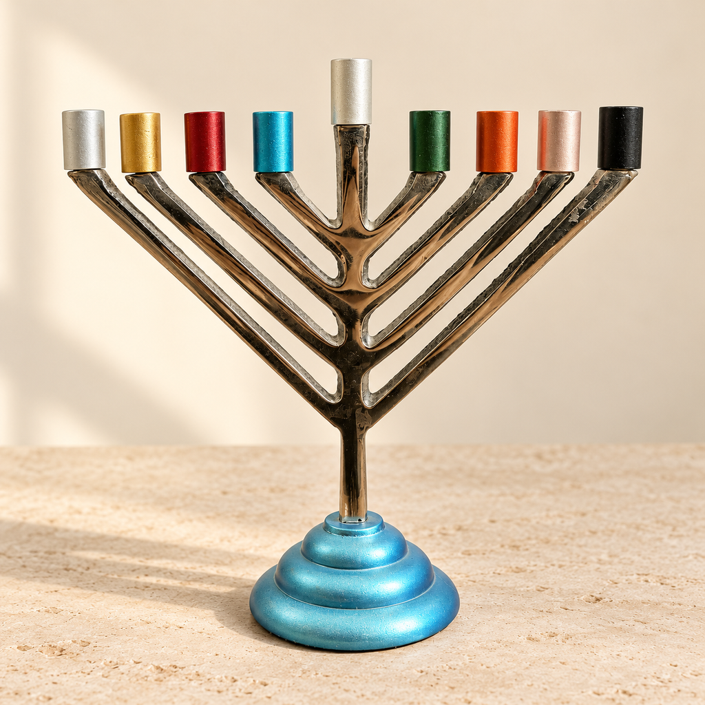 Multicolor Hanukkah Menorah with Turquoise Base