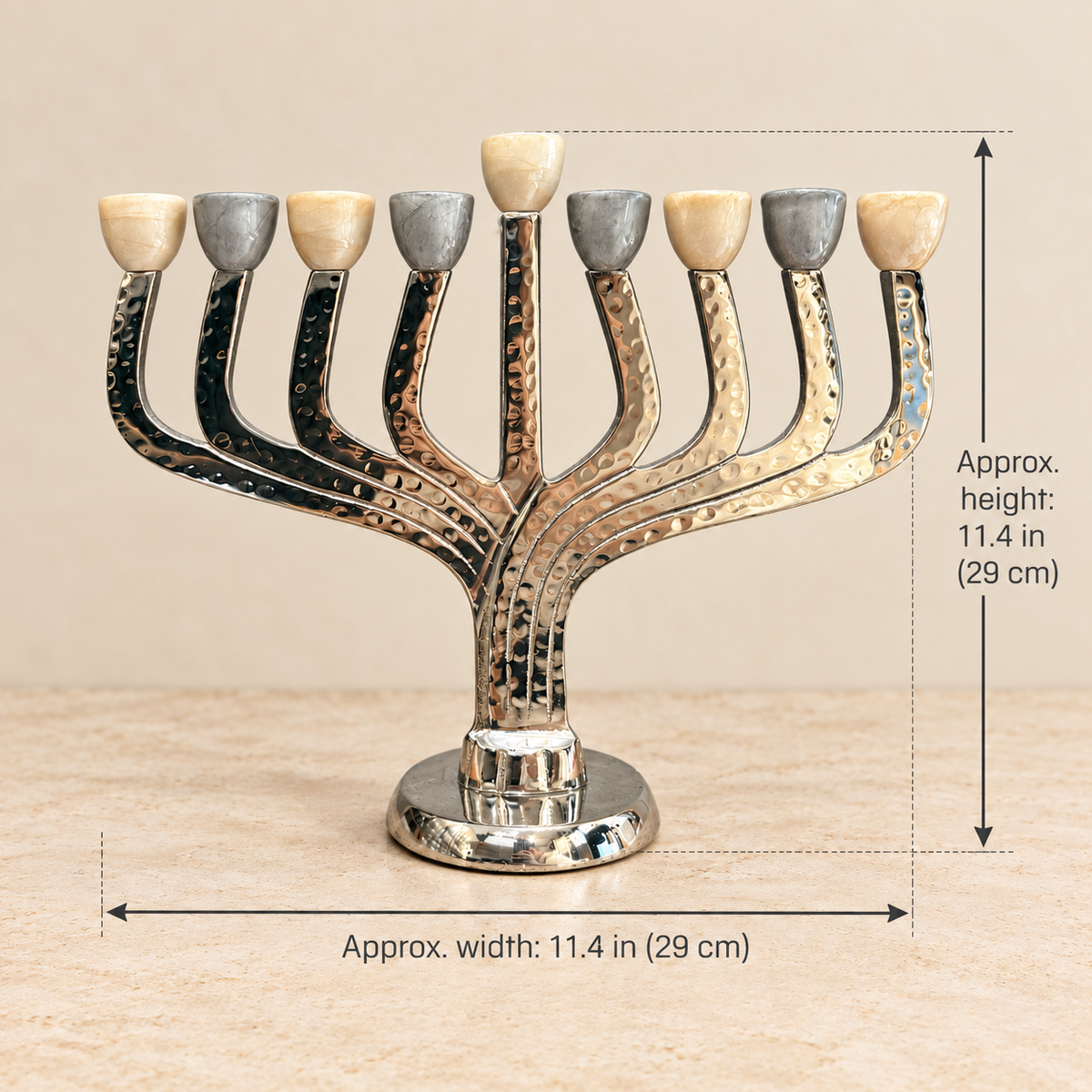 Hammered Aluminum Hanukkah Menorah – Cream & Gray
