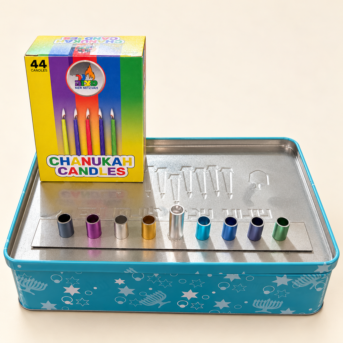 Hanukkah Menorah Gift Set in Decorative Tin – 44 Candles